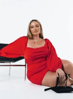 Princess Polly Lillie Long Sleeve Mini Dress Red Curve