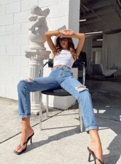 Princess Polly Hayden Knee Rip Jeans Mid Wash Denim