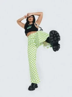 Princess Polly Jessica Checkboard Jeans Green -Polly Store Jessica Checkboard Jeans Green 1