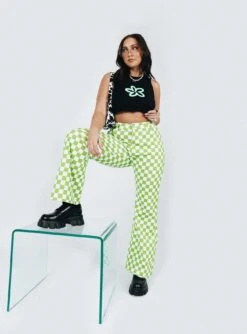 Princess Polly Jessica Checkboard Jeans Green -Polly Store Jessica Checkboard Jeans Green 2