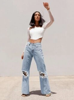 Princess Polly Maple Flare Jeans Knee Rips Light Wash Denim -Polly Store MAPLE FLARE JEANS KNEE RIPS LIGHT WASH DENIM 2